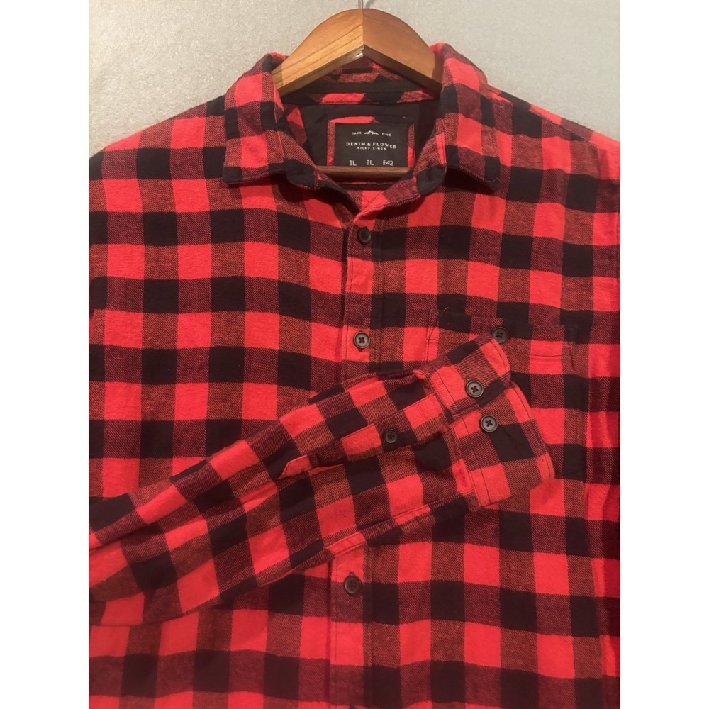Denim & Flower Shirt Mens Large Buffalo Plaid Red Black  Long Sleeve Button Up
